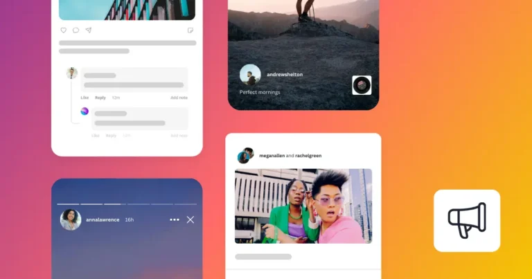 15+ Instagram post examples that work for businesses Instagram interface mockup displaying a mix of posts, Stories, and comments, with images of diverse users in various settings, used to showcase different Instagram content formats on a colorful gradient background.