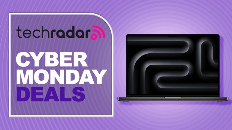 A MacBook Pro against a purple TechRadar Cyber Monday deals background