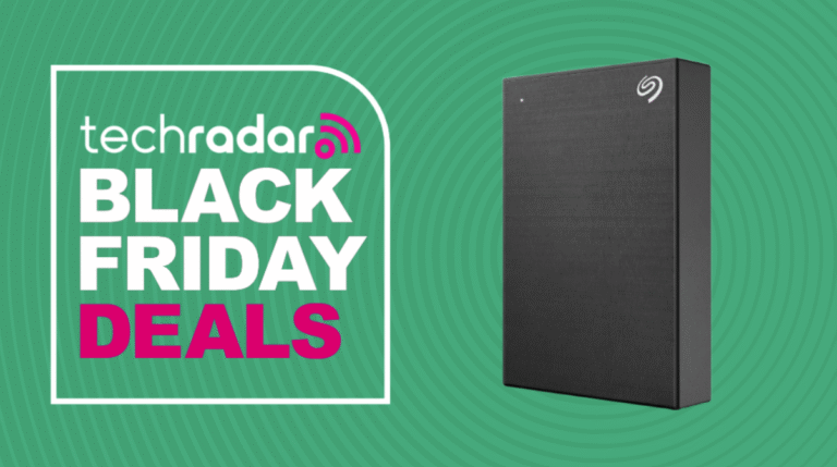 Seagate 5TB HDD on a green background next to a TechRadar badge reading 'Black Friday deals'