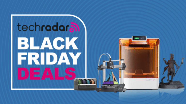 An Anycubic and Creality 3D printer on a blue background next to a TechRadar badge reading 'Black Friday deals'