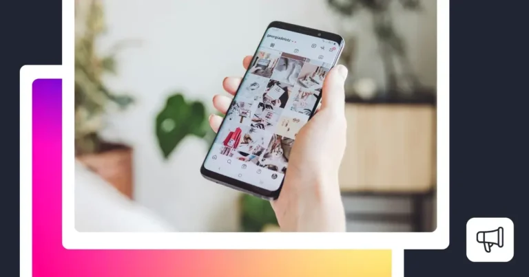 Hand holding a smartphone showing an Instagram profile grid, with blurred indoor background and colorful gradient borders; a megaphone icon in the corner suggests updates or announcements.