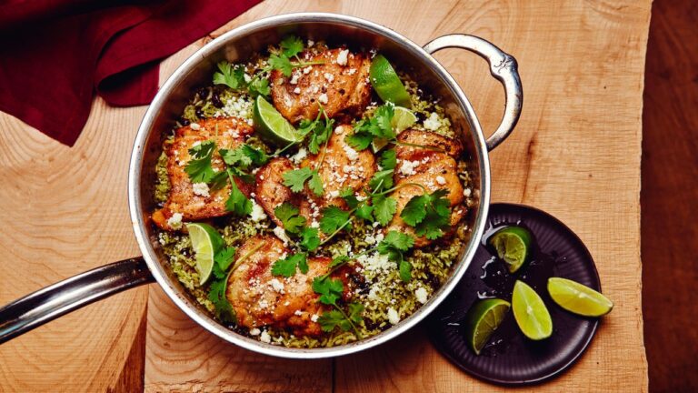 One-Pot Chicken Thighs With Cilantro Rice and Beans Recipe