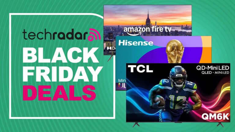 Black Friday TV deal image with TCL QM6K, Hisense U7Q and Amazon mini-LED on green background