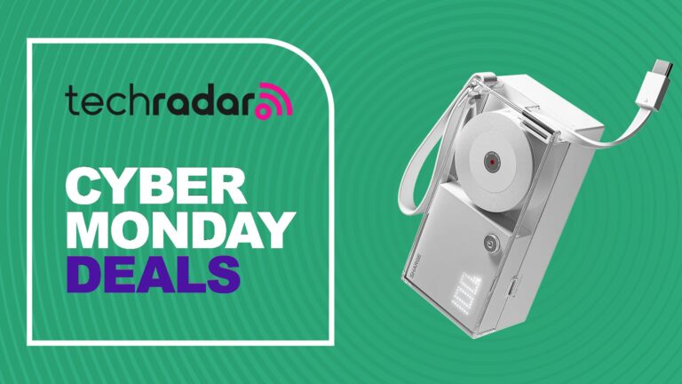 Sharge 3-in-1 retractable power bank with USB-C cord very slightly extended on a green TechRadar Cyber Monday Deals background