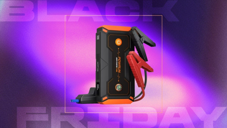 jump starter kit on a purple and pink background