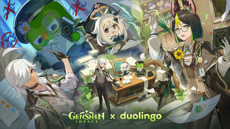 Key art for the Genshin Impact Duolingo crossover event.