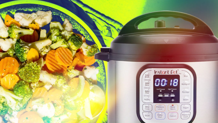 An Instant Pot next to a bowl of vegetables over a green background.