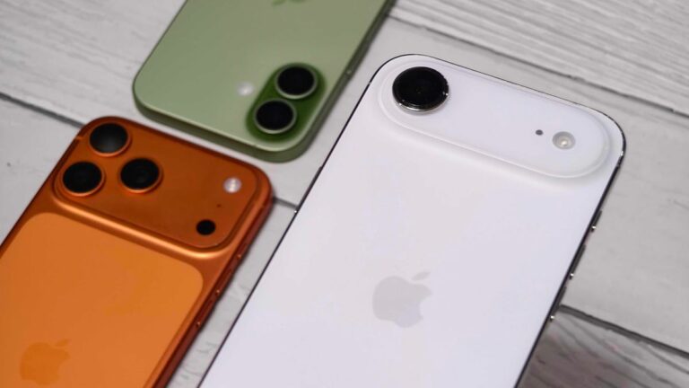 Apple iPhone Air with the iPhone 17 Pro Max and iPhone 17 in the background.