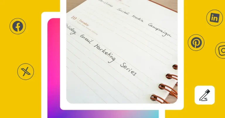 An open planner showing a dated page marked '10 Tuesday' with handwritten notes that read: 'Christmas Social Media Campaign' and 'Holiday Email Marketing Series'.