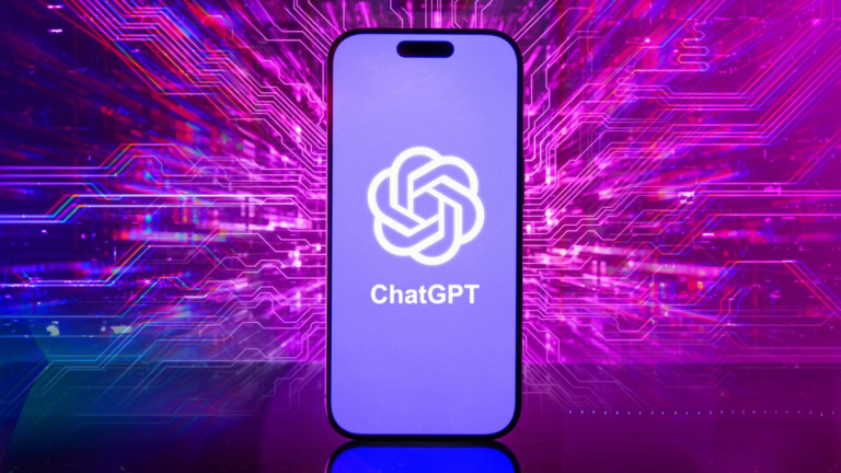 These Are 9 of the Best Things to Use ChatGPT For A ChatGPT logo on a phone, against a neon pink background
