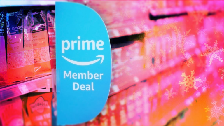 Want to Save Some Cash After the Holidays? Check Out These 18 Hidden Amazon Prime Perks Amazon prime member deal sign on a grocery shelf