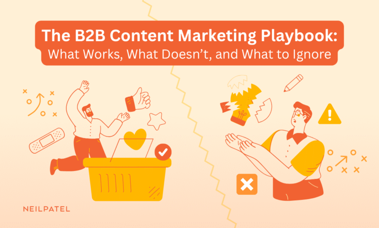 Illustration of people purchasing goods and text that reads "The B2B Content Marketing Playbook: What Works, What Doesn’t, and What to Ignore."