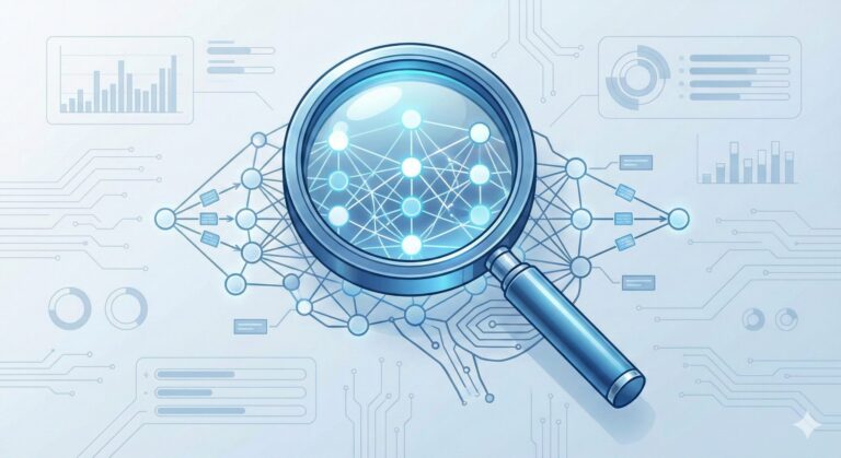 Why AI Alignment Starts With Better Evaluation A clean, modern illustration in a blue and white color palette depicts a magnifying glass inspecting a glowing AI neural network diagram. The background features subtle data nodes and connections, along with high-tech evaluation dashboard elements. The design is minimalist with sharp lines, resembling a professional tech article cover.