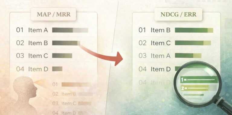 Illustration comparing MAP and MRR rankings with NDCG and ERR rankings, showing how position-aware metrics reorder items based on graded relevance rather than only the first relevant result.