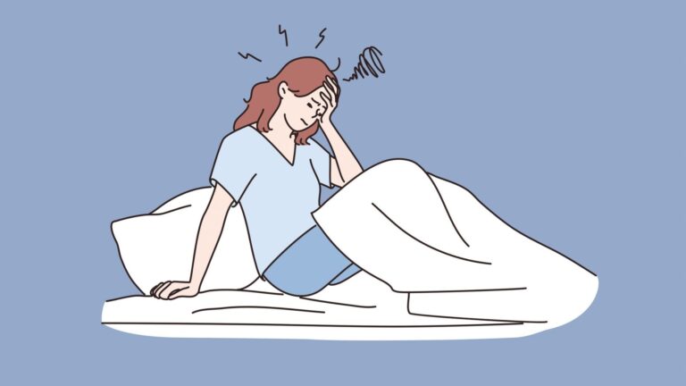 A drawing of a woman waking up at night in distress from an old mattress