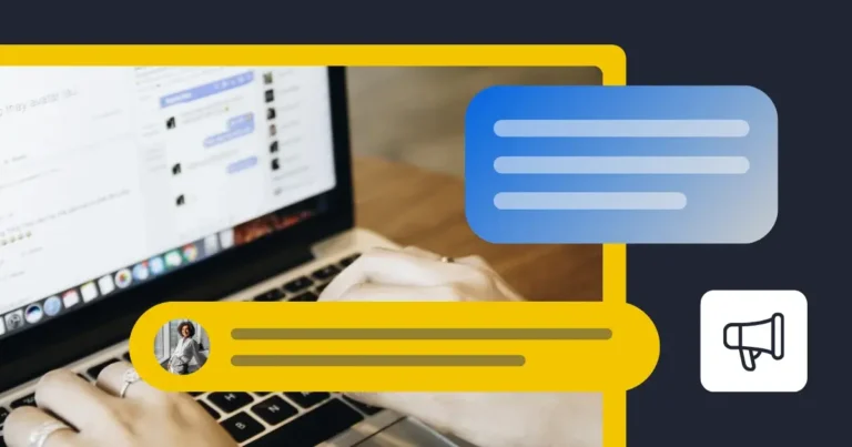 Inspiring Facebook page examples from real brands Person typing on a laptop with illustrated chat message bubbles and a megaphone icon overlaid, representing online messaging, social media communication, or digital marketing conversations