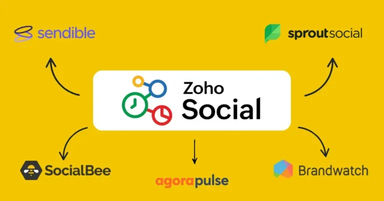Comparison graphic showing Zoho Social as a social media management platform, with arrows pointing to alternative tools including Sendible, SocialBee, Agorapulse, Brandwatch, and Sprout Social, used to illustrate Zoho Social alternatives in a social media software comparison.