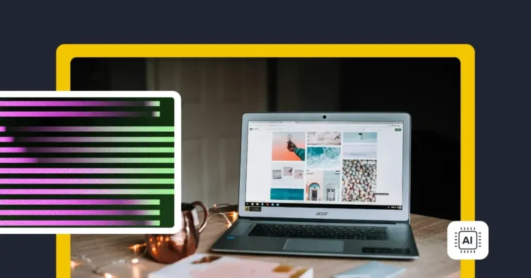 My top 10+ AI-powered social media management tools Laptop on a desk displaying a grid of visual content (photos and design tiles), framed by graphic elements and an AI chip icon, representing AI-powered social media management or content creation tools.