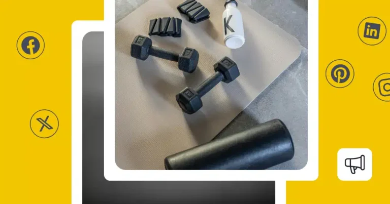 Flat lay of home workout equipment including two dumbbells, resistance bands, foam roller, yoga mat, and water bottle, framed by social media icons on a yellow background, representing fitness content for social media marketing.