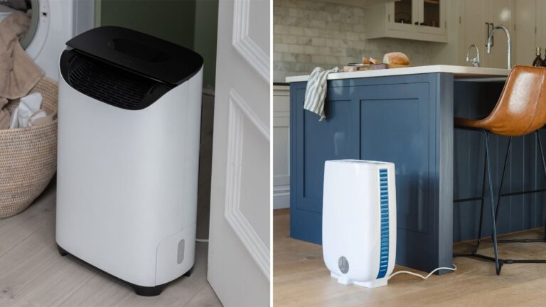 A Meaco compressor dehumidifier (left) and desiccant dehumidifier (right) in home settings