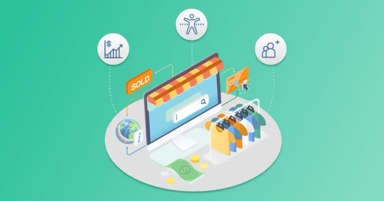 Illustration of an online storefront against a green background, featuring a digital shop window, clothing items, a &ldquo;sold&rdquo; sign, and icons representing growth, accessibility, and customers.