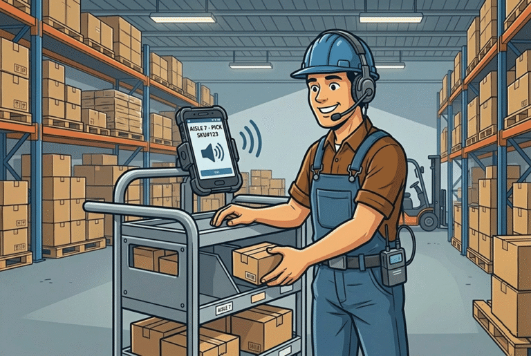 How ElevenLabs Voice AI Is Replacing Screens in Warehouse and Manufacturing Operations Warehouse operator using voice picking to prepare orders.