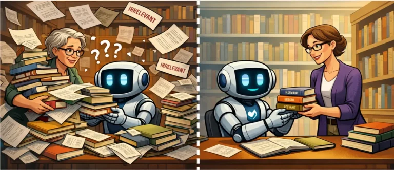 What the Bits-over-Random Metric Changed in How I Think About RAG and Agents Split illustration of a librarian and a friendly robot in a library. On the left, the robot is overwhelmed by messy stacks of books and papers labelled “irrelevant.” On the right, the librarian hands the robot a small, tidy stack of relevant books, showing a more focused and efficient research process.